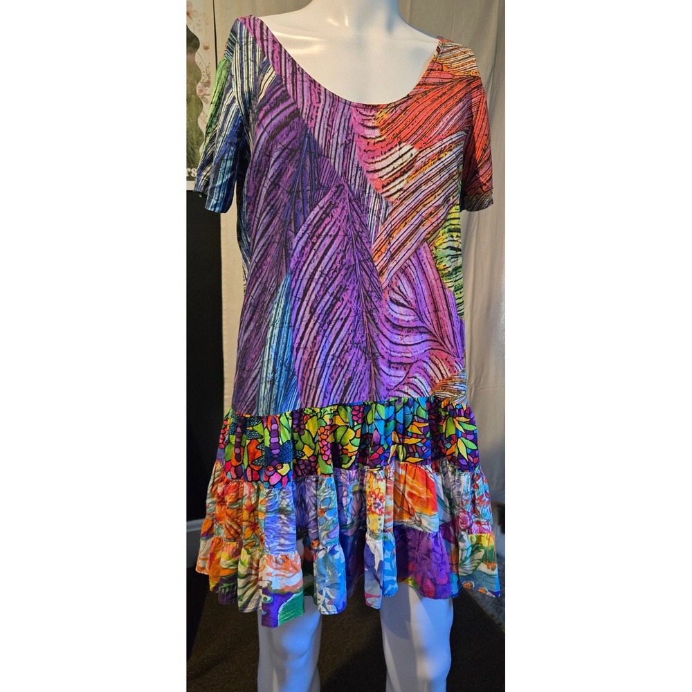 Jams World Samba Mini Dress Large Multi Color Rayon Tiered Ruffle Made in Hawaii